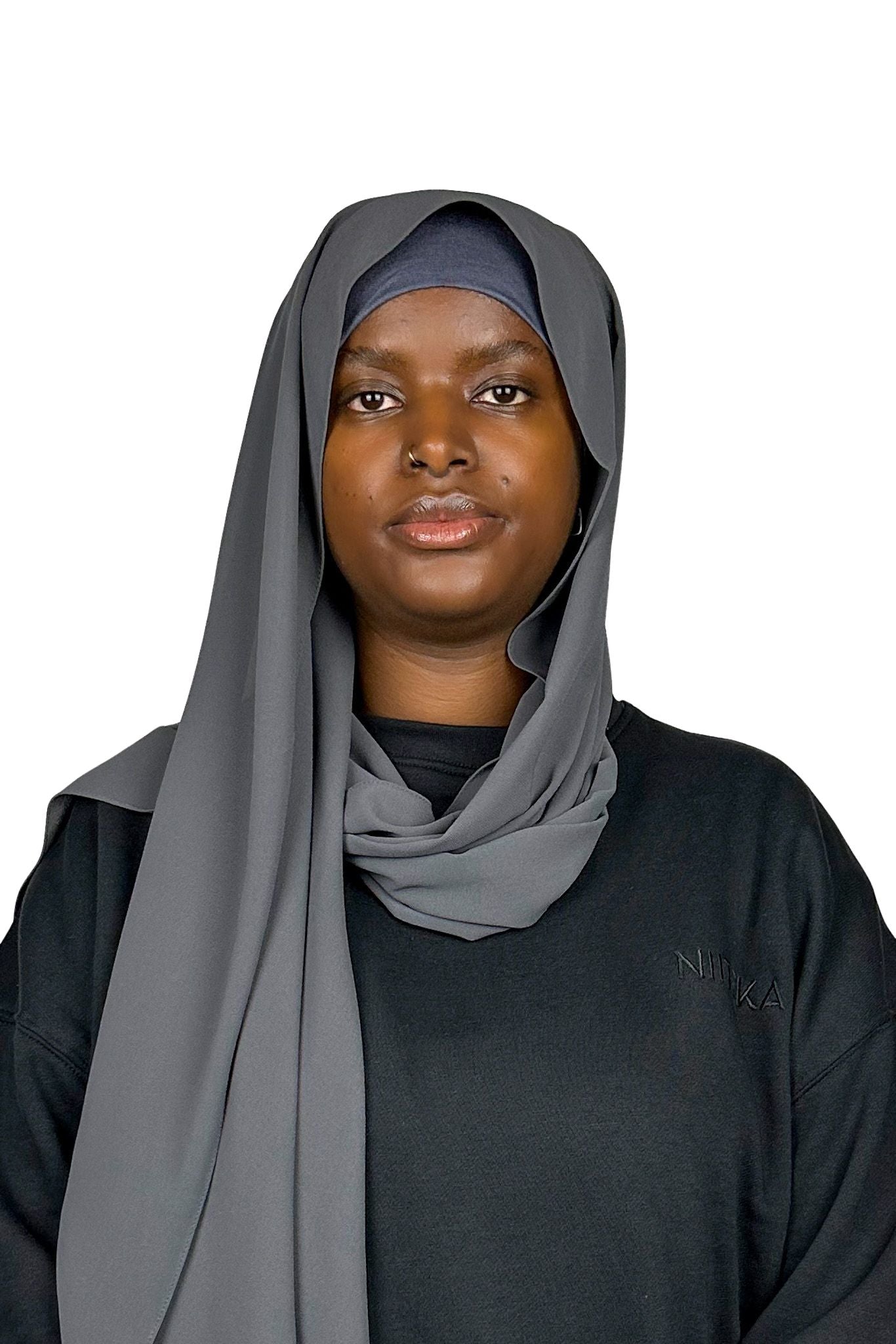 chiffon hijab with same colour matching tube jersey under cap colour dark grey
