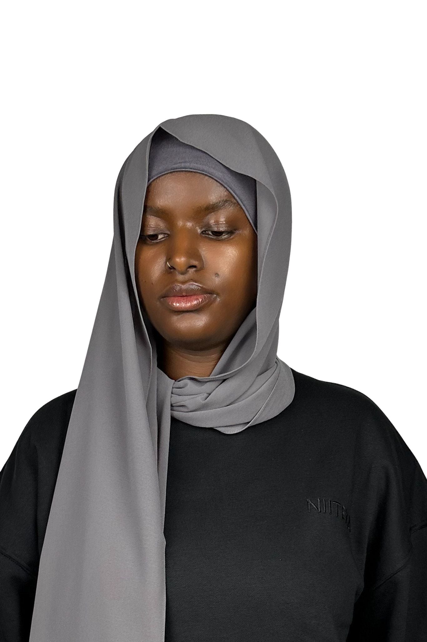 chiffon hijab with same colour matching tube jersey under cap colour light grey