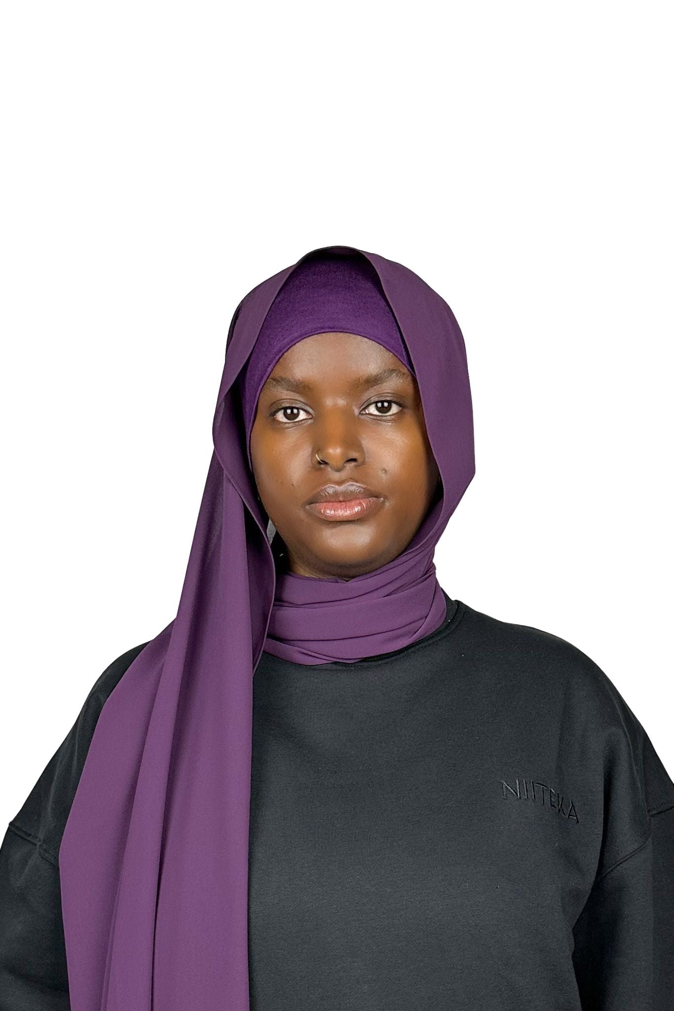 chiffon hijab with same colour matching tube jersey under cap colour purple